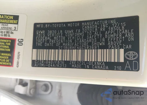 2016 Toyota Corolla Le z USA, uszkodzony, nr VIN 2T1BURHE4GC583691